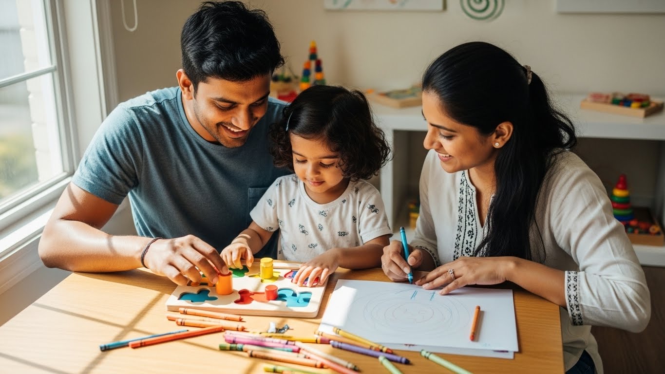 Indian parents supporting early cognitive development through creative activities