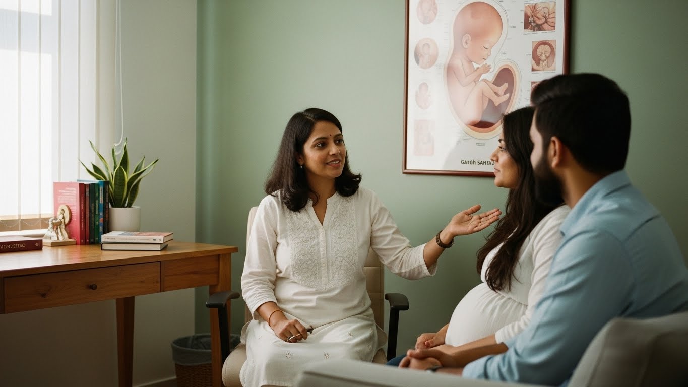 Ayurvedic doctor guiding a young couple on Garbh Sanskar and child development 