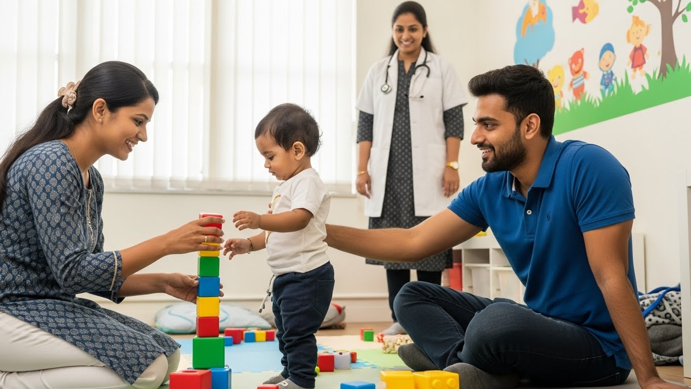 Parents learning healthy interaction and social skills development for their child