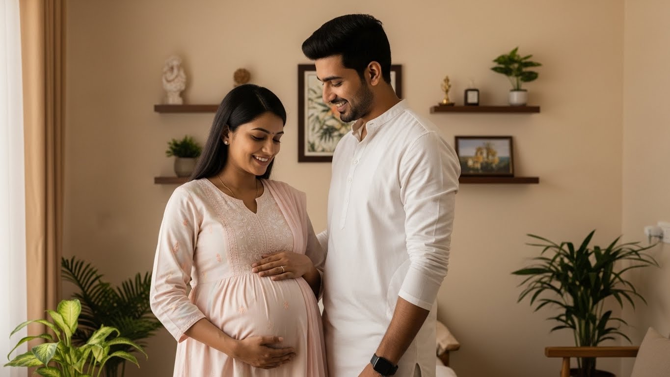 Young expecting Indian couple at Sparsh Garbh Sanskar and maternity clinic in Nagpur