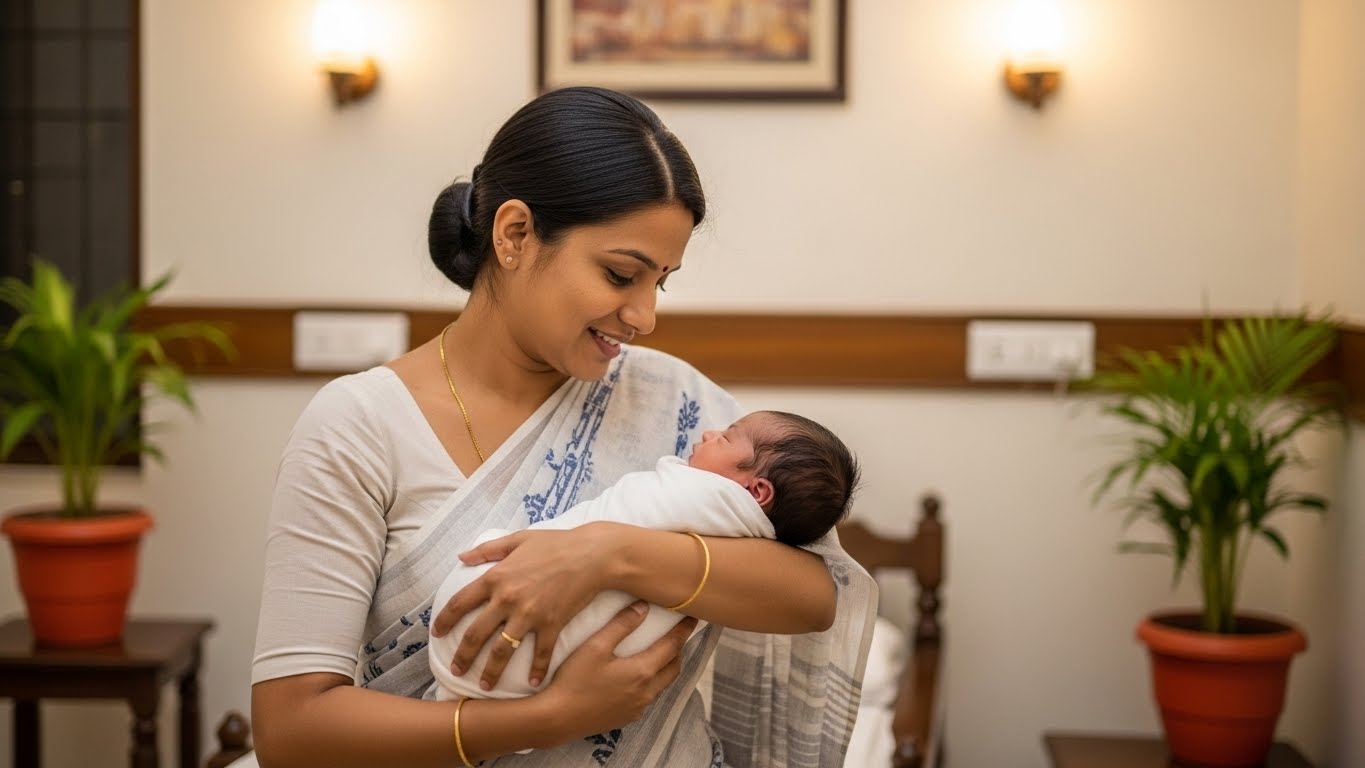 Indian mother and newborn receiving Ayurvedic postnatal care at Sparsh Garbh Sanskar Centre

