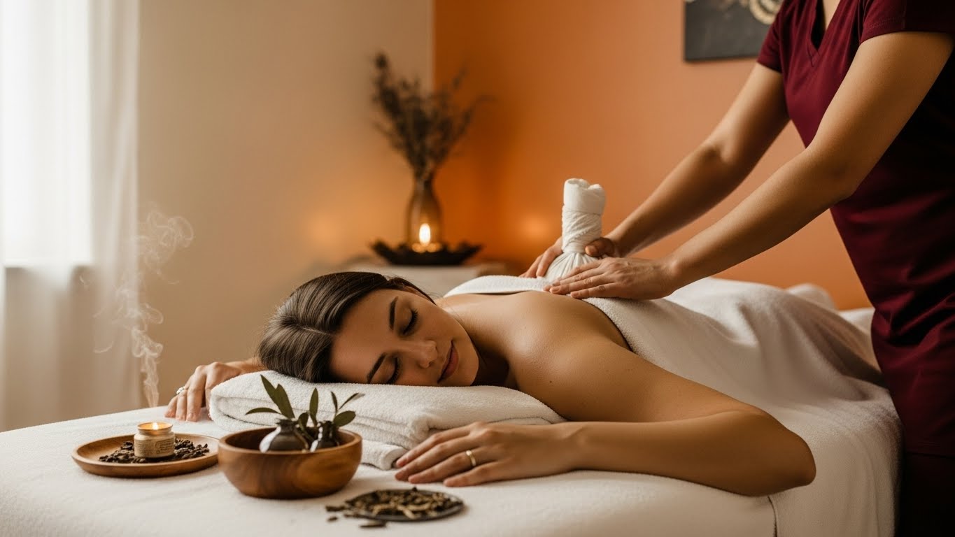 Ayurvedic Abhyanga therapy as part of Sutika Paricharya for postnatal recovery
