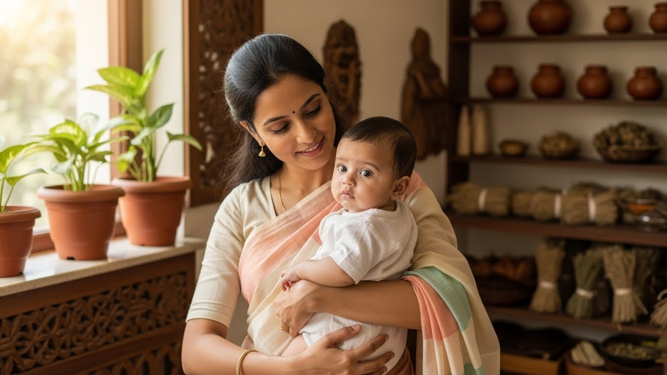 Indian mother holding her infant during Swarna Prashan care at an Ayurvedic clinic
