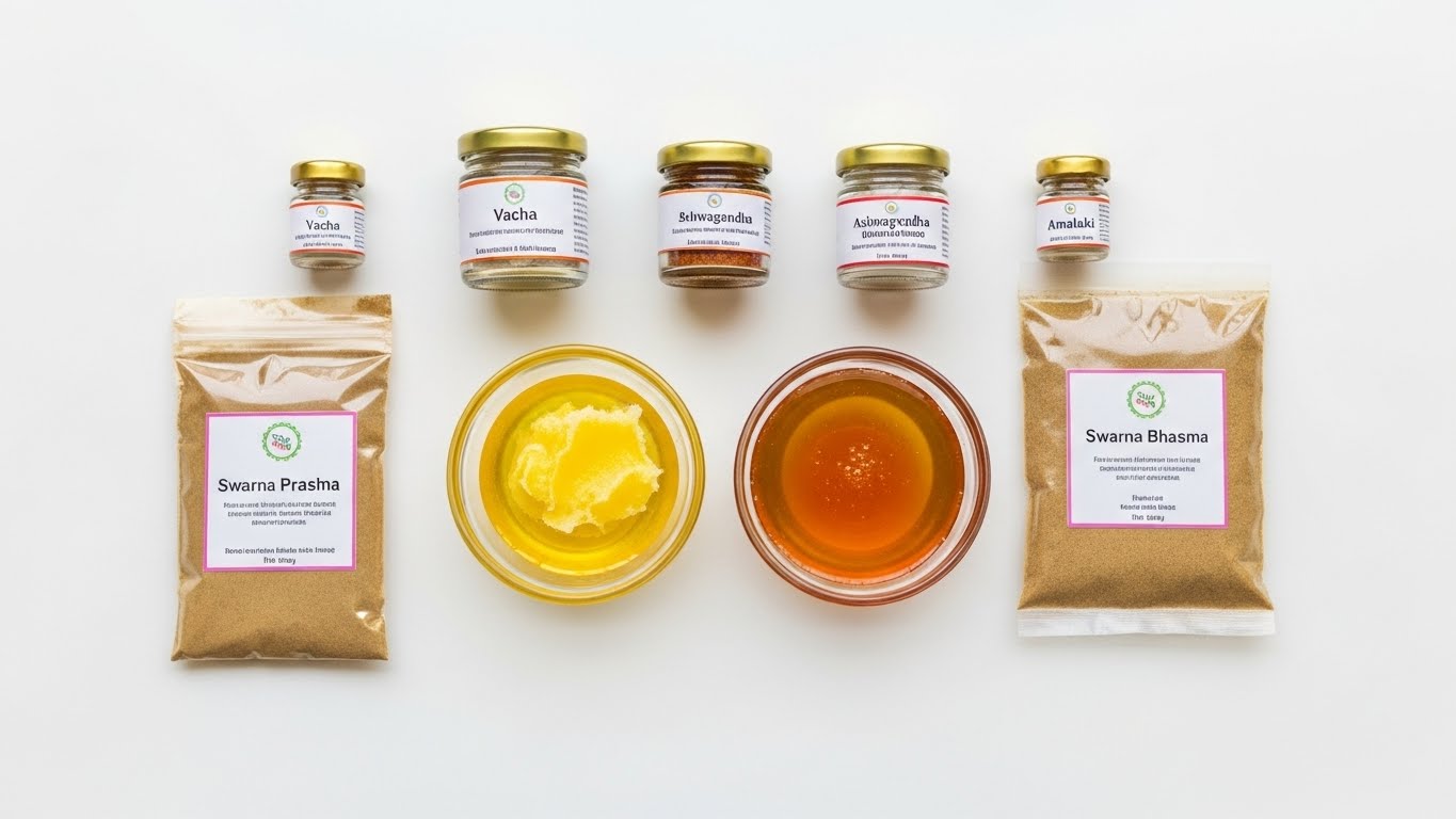 Ingredients of Swarna Prashan including ghee, honey and Ayurvedic herbs
